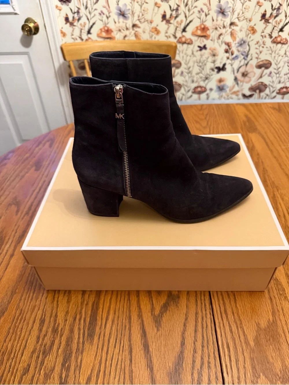 MICHAEL Michael Kors Navy Suede Pointed Ankle Booties with Side Zip
